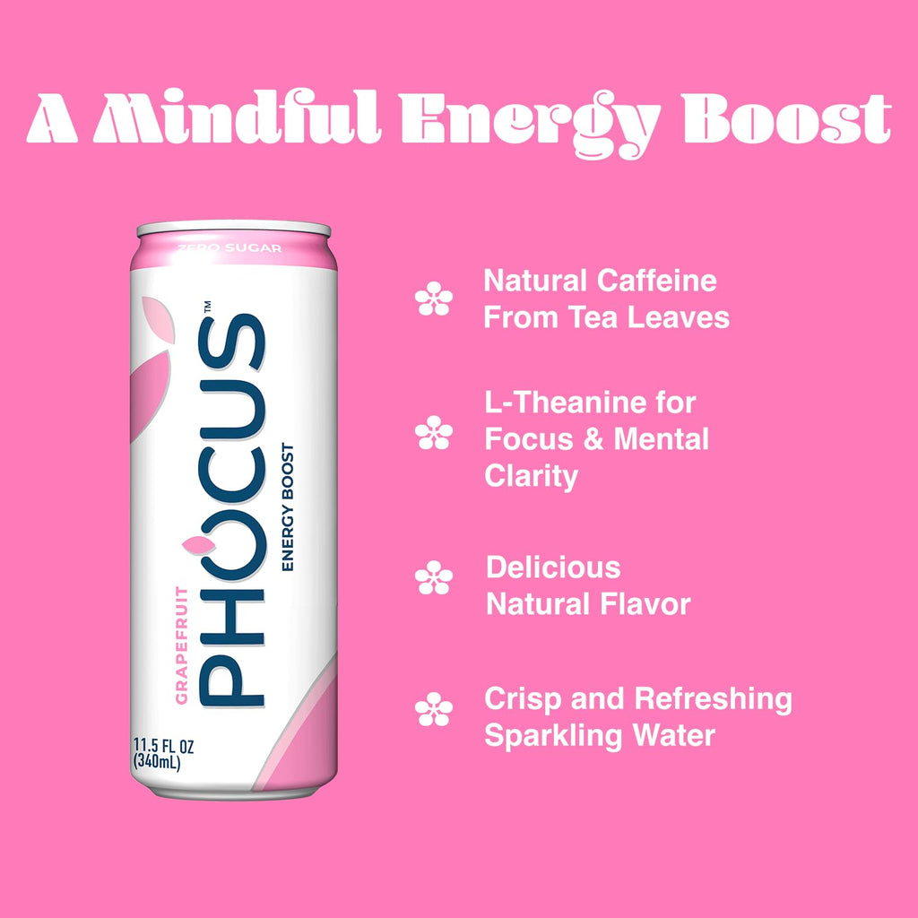 PHOCUS Caffeinated Sparkling Water, Grapefruit, 75mg Natural Caffeine Plus L-Theanine, Zero Sugar, Zero Calories, No Artificial Sweeteners, 11.5 fl oz Cans (Pack of 12)