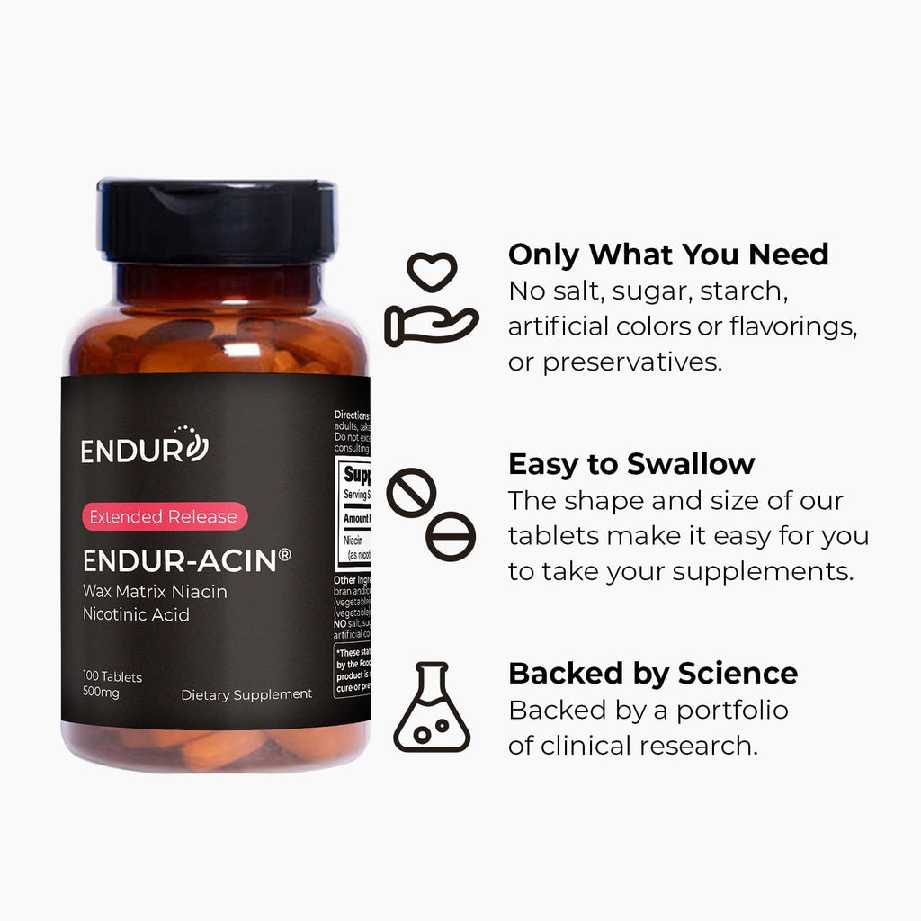 ENDUR-ACIN Niacin - Vitamin B3 Niacin 500mg Extended Release & Low-Flush, 100 Tablets - Supports Cholesterol Balance & Heart Health - Endurance Products