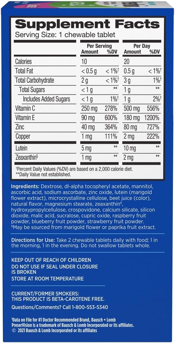 PreserVision AREDS 2 Eye Vitamins, #1 Eye Doctor Recommended Brand, Chewable Lutein and Zeaxanthin Supplement with Vitamin C, Vitamin E,Zinc, and Copper, Mixed Berry, 70 Tablets