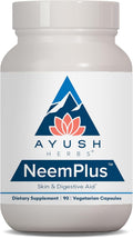 Ayush Herbs Neem Plus - Digestive Health for Women & Men, Gut Support Supplement for Stomach & Skin Health, Immune Support - 90 Vegetarian Capsules (1 Count)
