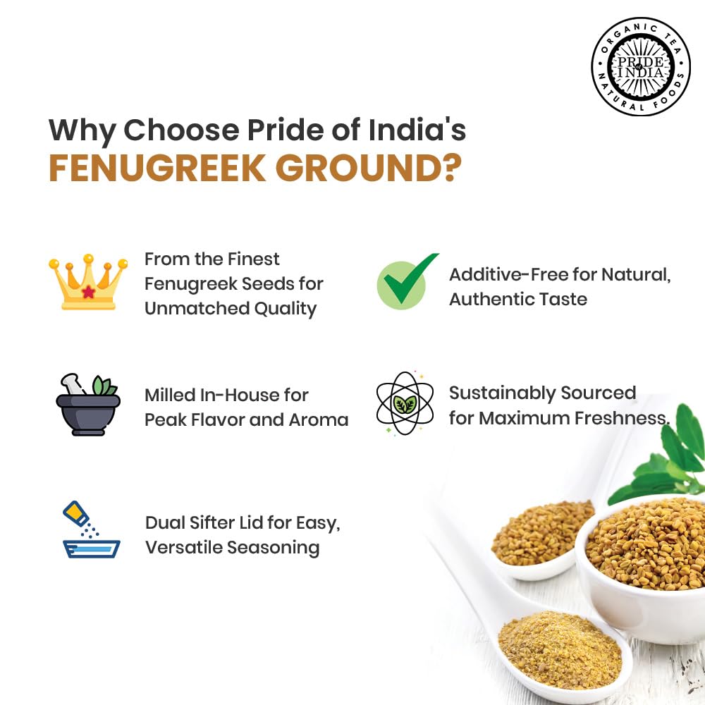 Pride of India - PACK of 6 - Fenugreek Seed Ground – Gourmet Indian Spice – Vegan, Gluten & GMO-Free – Ideal for Cooking & Meat Seasoning – Easy to Use – 7 oz. Medium Dual Sifter Jar