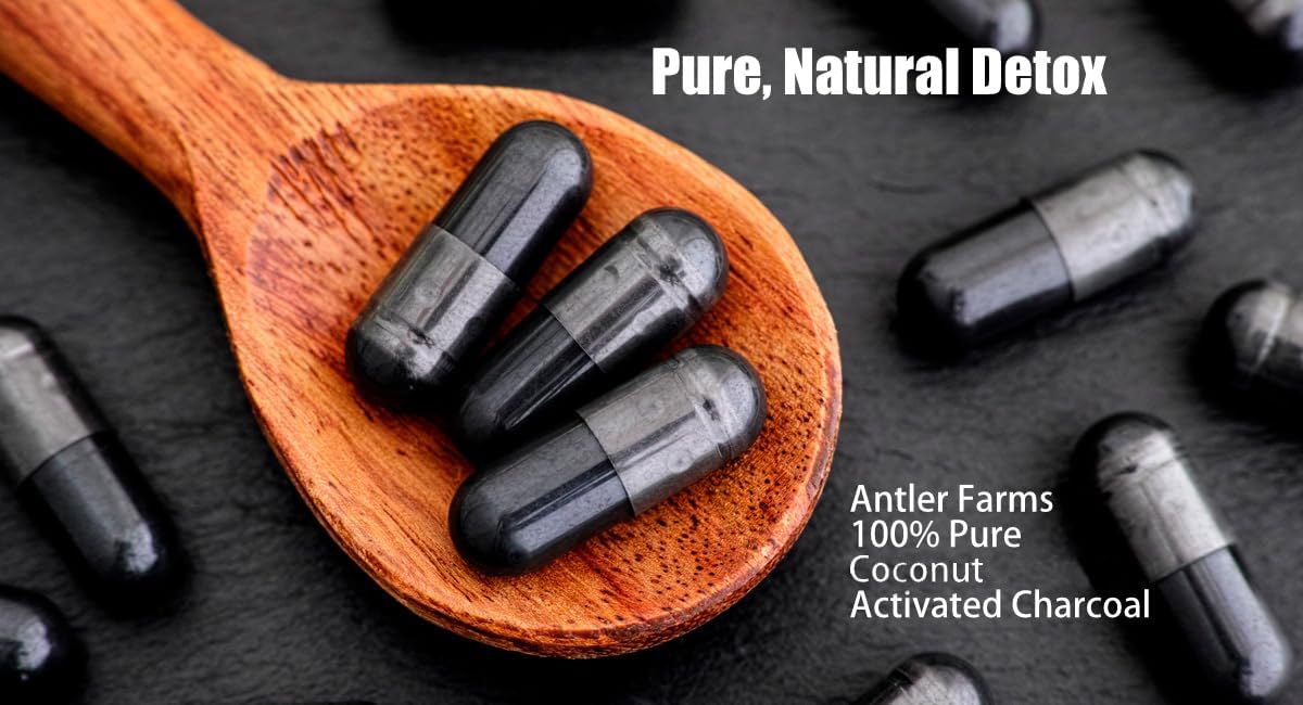Antler Farms - 100% Pure Coconut Activated Charcoal, 180 Capsules 260mg - Wild Harvested, Virgin Coconut Shell, USP Food Grade, Steam Activated, Ultra Fine