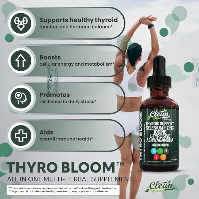 Clean Nutra Thyroid Support Drops Selenium Zinc Iodine L Tyrosine KSM66 Ashwagandha Vitamin D3 B12 A C Turmeric Kelp Schisandra Guggul Cayenne Basil Liquid Supplement Folate Copper Thyro Bloom Drop