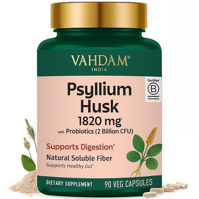 VAHDAM Psyllium Husk Capsules 1800 mg with Probiotics (2 Billion CFU) | Supports Digestion & Gut Health | 90 Veggie Capsules
