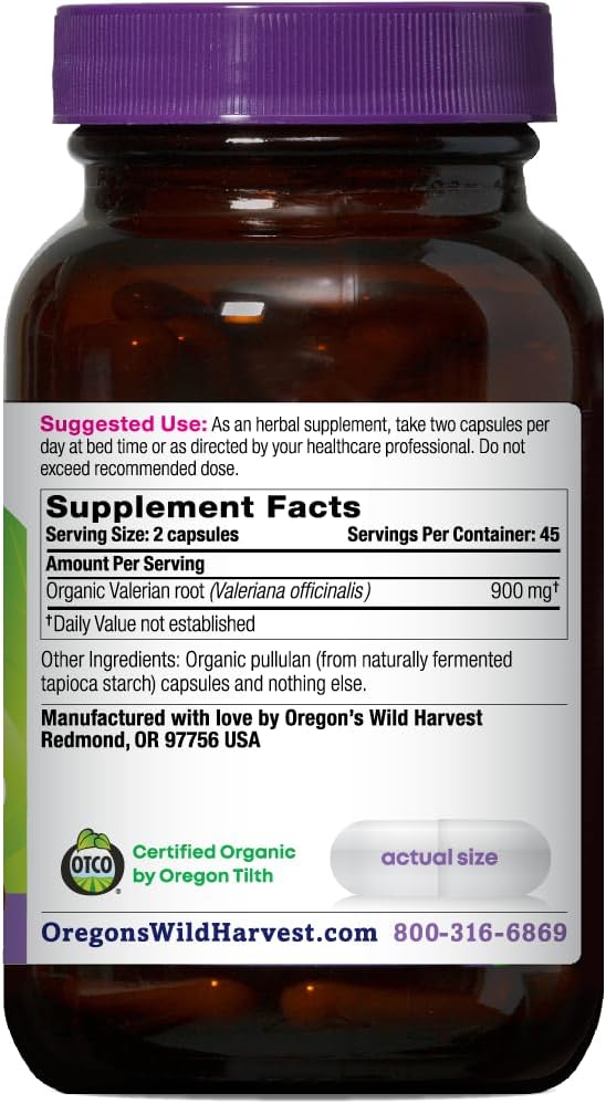 Oregon's Wild Harvest, Certified Organic Valerian, Herbal Aid, 900 mg, 90 Count