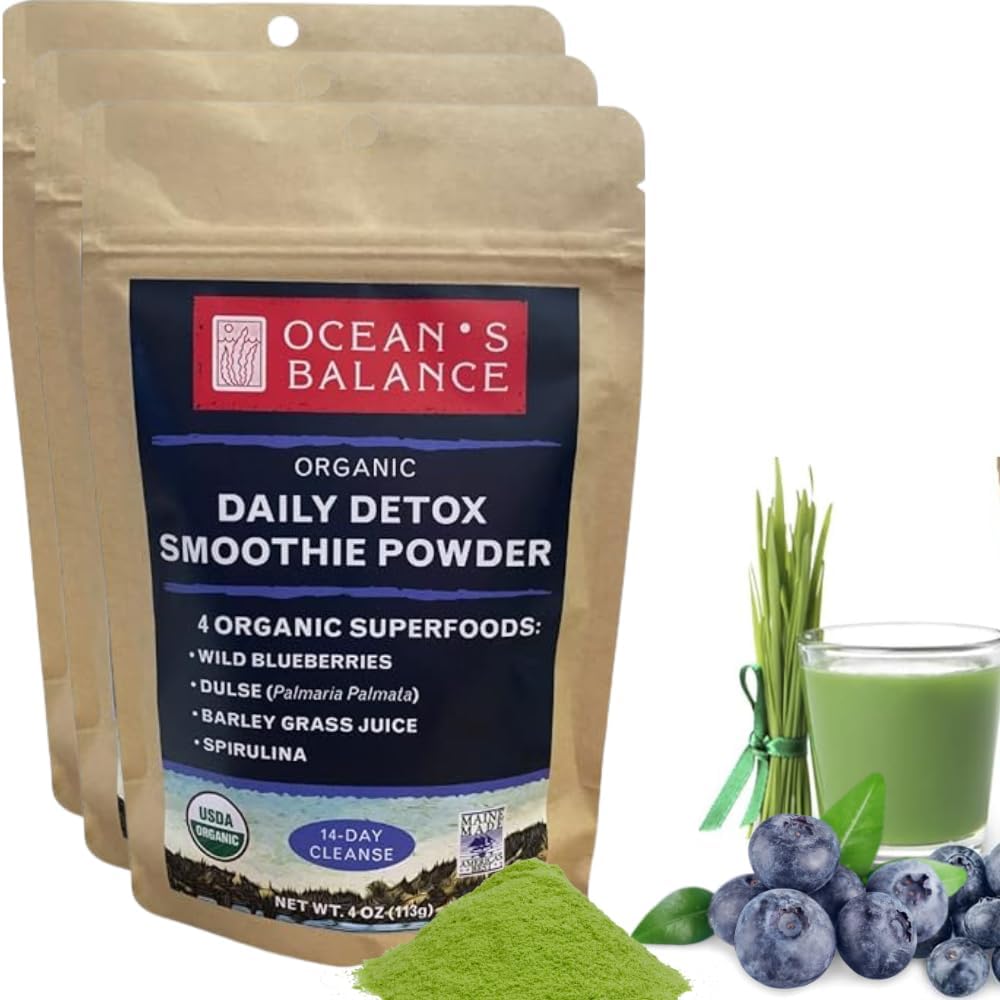 Ocean's Balance Daily Cleanse Smoothie Powder – Organic Blend with Blueberry, Spirulina, Dulse Seaweed & Barley Grass – Nutrient-Rich Superfood Smoothie Mix (4 oz - 3 Pack)