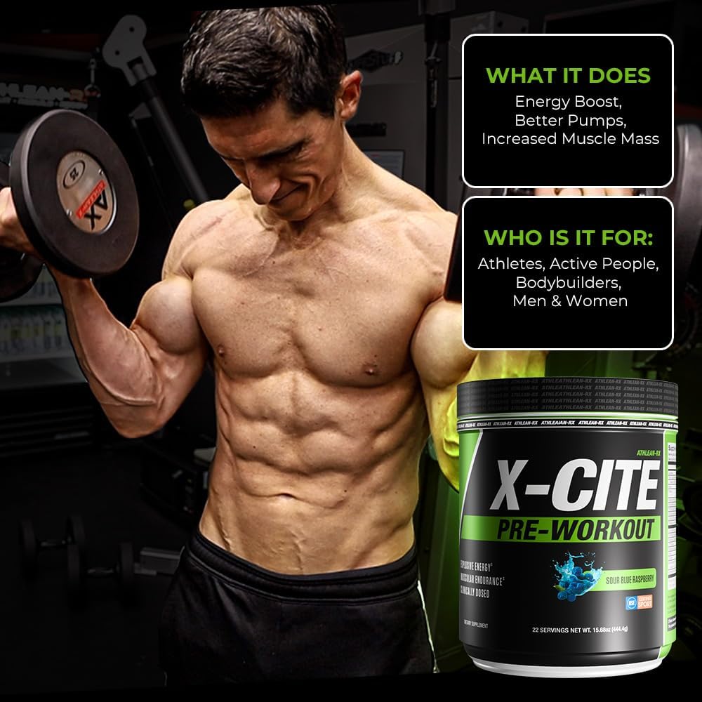 X-CITE Pre-Workout by ATHLEAN-X - Enhanced Formula with Beta-Alanine, Creatine & Caffeine for Energy, Endurance, Focus & Muscle Pump, NSF Certified for Sports (22 Servings, Sour Blue Raspberry)