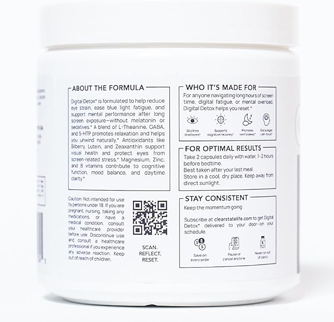 CLEAR STATE Digital Detox Eye Health and Screen Recovery Support - L-Theanine, GABA, 5-HTP, Lutein and Zeaxanthin Supplement, Astaxanthin, Bilberry, B12 - Vegan Meltonin Free Eye Vitamins