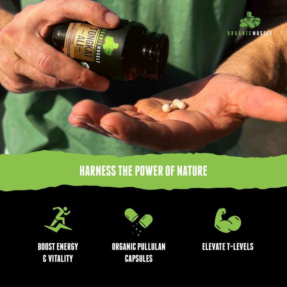 Organic Muscle Tongkat Ali for Men, 500mg - Pure & Potent USDA Eurycoma Longifolia Root Supplement 60 Count – Wild Grown Men's Health Hormone Support for Male Performance, Drive & Energizer