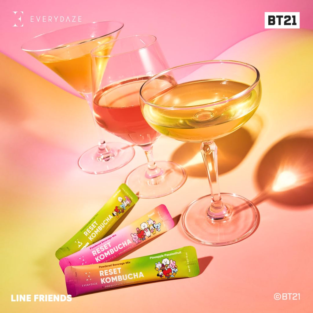 EVERYDAZE BT21 Reset Kombucha Tea Powdered Beverage Mix | 30 Variety Pack | Pineapple Passion Fruit, Peach, Green Grape | Vegan | Prebiotics + Probiotics | No Added Sugar, Low Calorie, Gluten-Free