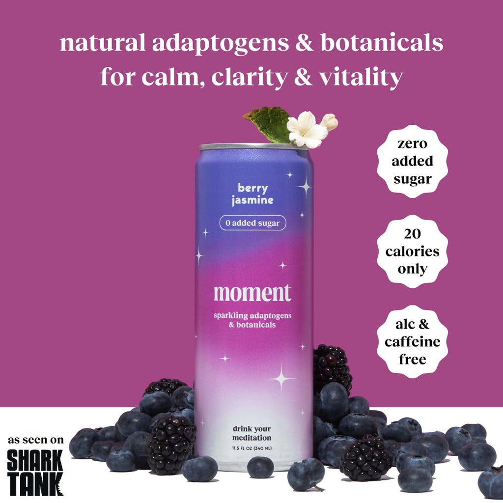 Moment Botanical Soda Soft Drink (Shark Tank) - SPARKLING Non Alcoholic Drinks | Berry Jasmine | L-Theanine & Ashwagandha for Calm & Clarity | 0 Added Sugar 0 Caffeine | 12-pack