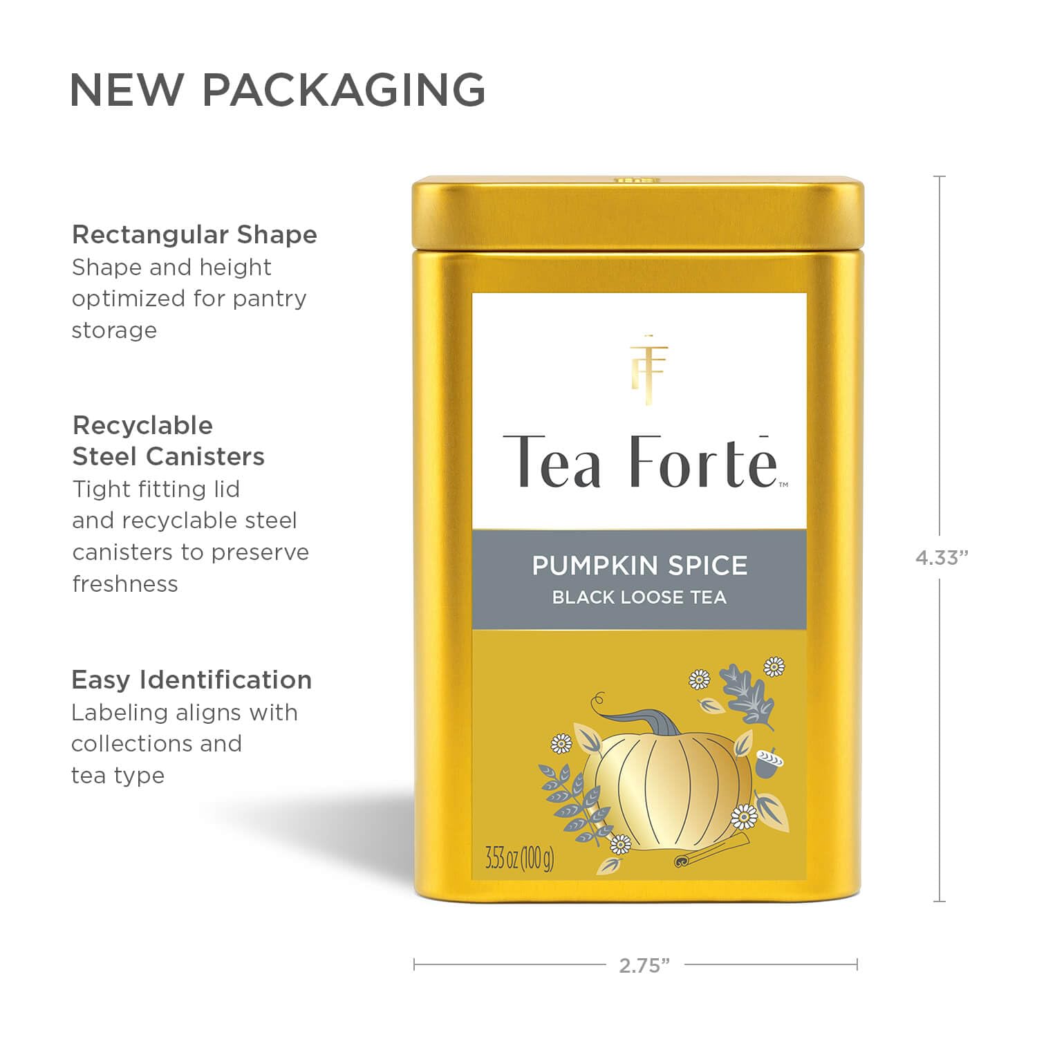 Tea Forte Pumpkin Spice Premium Loose Leaf Caffeinated Black Tea Blend Canister, Makes 35-50 Cups