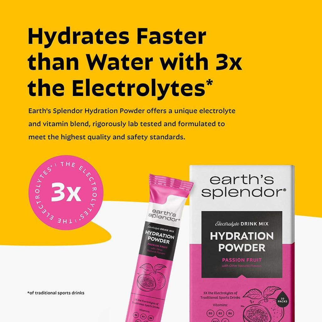 Earth’s Splendor Electrolytes Powder Packets Passion Fruit Hydration Drink Mix Sticks with Essential Vitamins for Energy & Sports Performance Travel-Friendly Single-Serve Packets for Daily Use 10 Pack