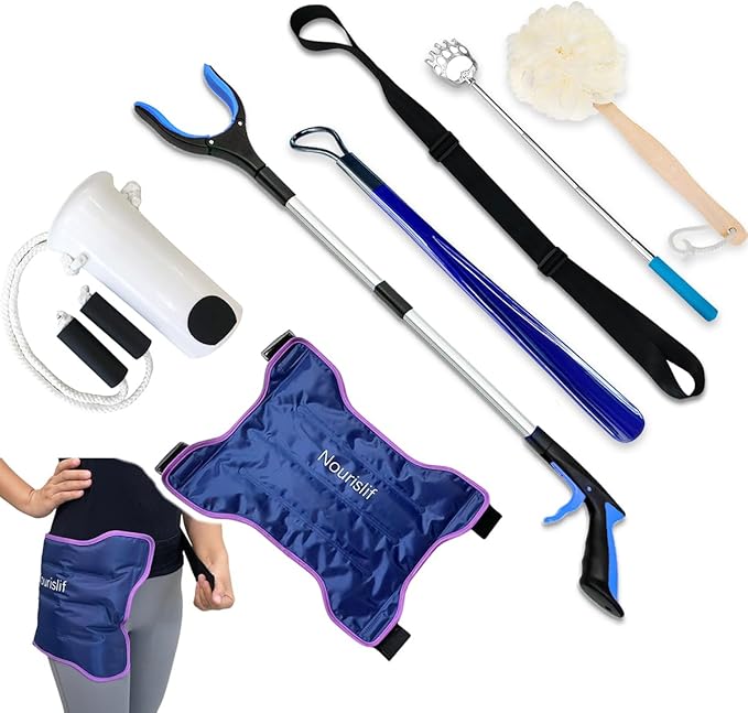 7pcs Hip Kit - Hip Kit for Seniors Total Hip Replacement Prime, Hip Replacement Kit After Surgery,Hip Kits with Hip Ice Pack,Grabber,Sock Aid,Leg Lifter,Shoehorn,Back Scratcher,Bath Loofah