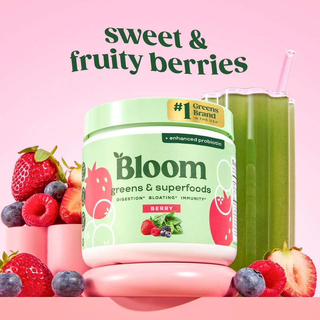 Bloom Nutrition Superfood Greens Powder, Digestive Enzymes with Probiotics and Prebiotics, Gut Health, Bloating Relief for Women, Chlorella, Green Juice Mix with Beet Root Powder, 30 SVG, Berry