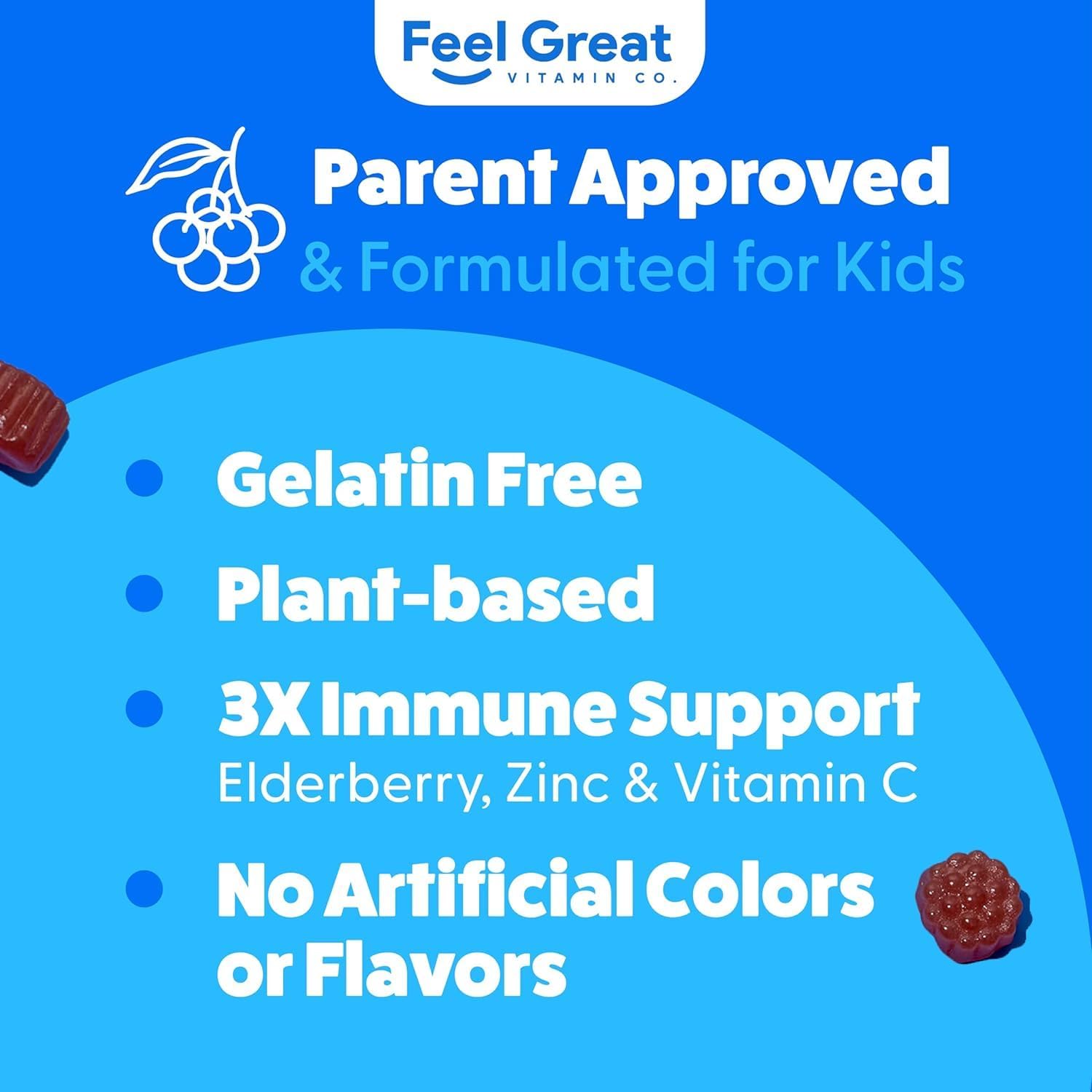 Feel Great Kids Elderberry Gummies with Zinc and Vitamin C | Immune Support Sambucus Elderberry | Berry Flavored Vegan Kids Multivitamins | 60 Day Supply