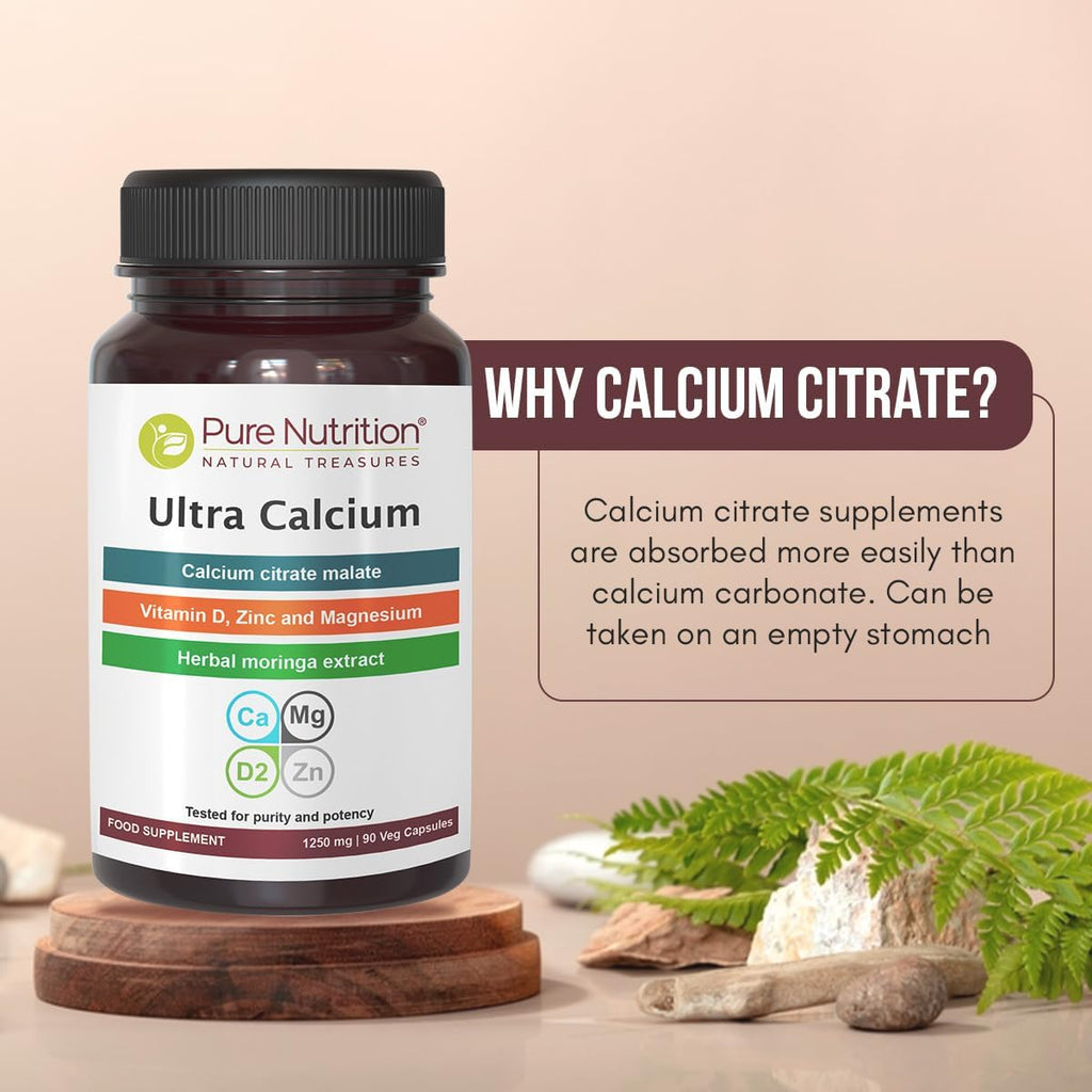 Pure Nutrition Ultra Calcium Citrate 1000mg Highly absorbable Calcium Supplement with Calcium Citrate Malate, Vitamin D, Zinc and Magnesium - 1 Tablet Daily (180 Veg Tabs) Non-GMO | Gluten-Free