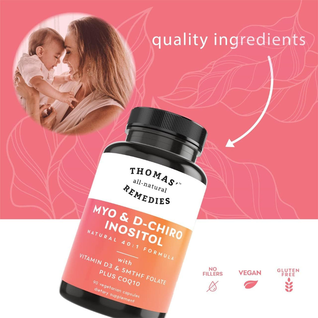 Thomas' all-natural Remedies Myo Inositol Supplement & D-Chiro Inositol Blend Supplement with Folate and Vitamin D3, 40 to 1 Ratio, Non-GMO, No Fillers, CoQ10, 90 Vegan Capsules