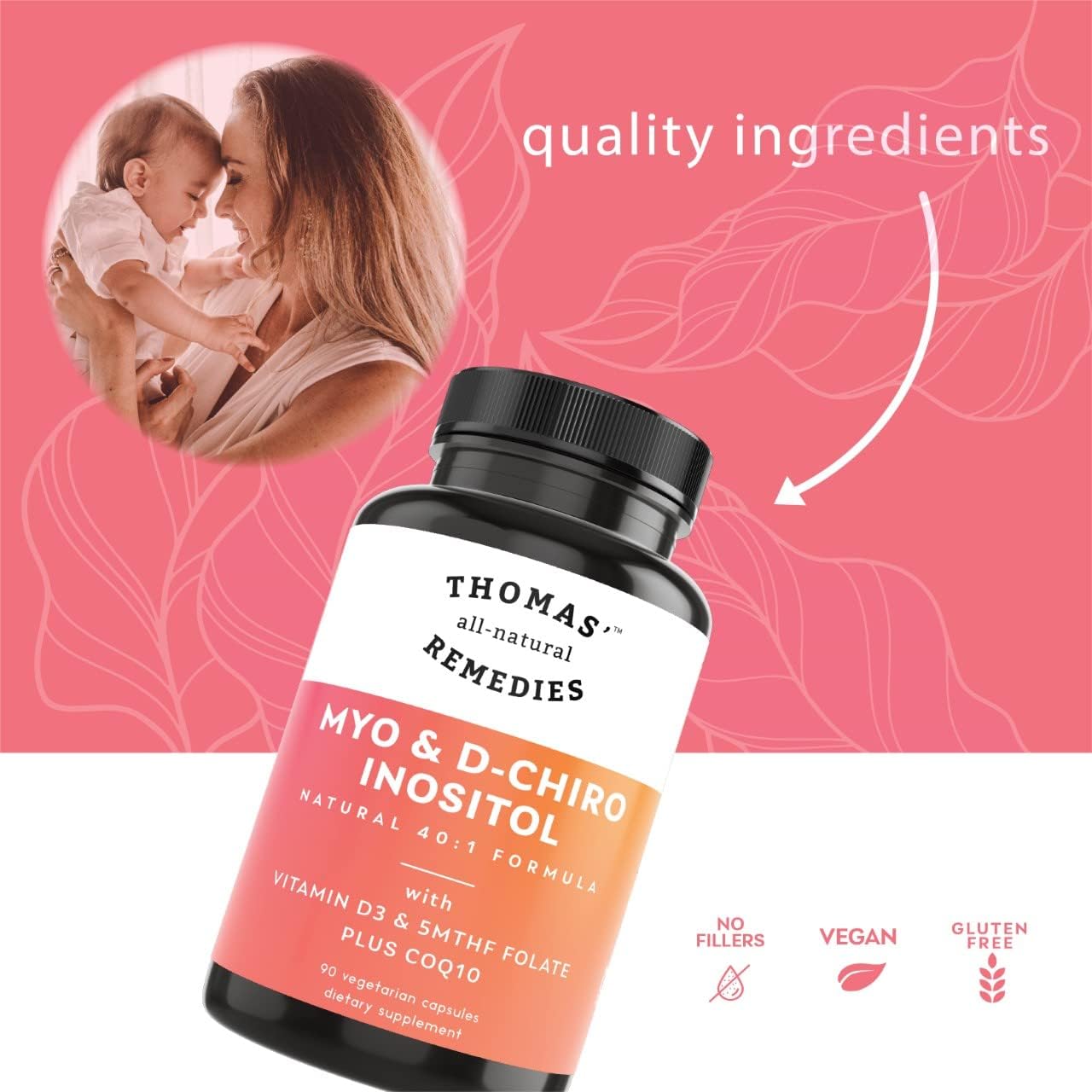 Thomas' all-natural Remedies Myo Inositol Supplement & D-Chiro Inositol Blend Supplement with Folate and Vitamin D3, 40 to 1 Ratio, Non-GMO, No Fillers, CoQ10, 90 Vegan Capsules
