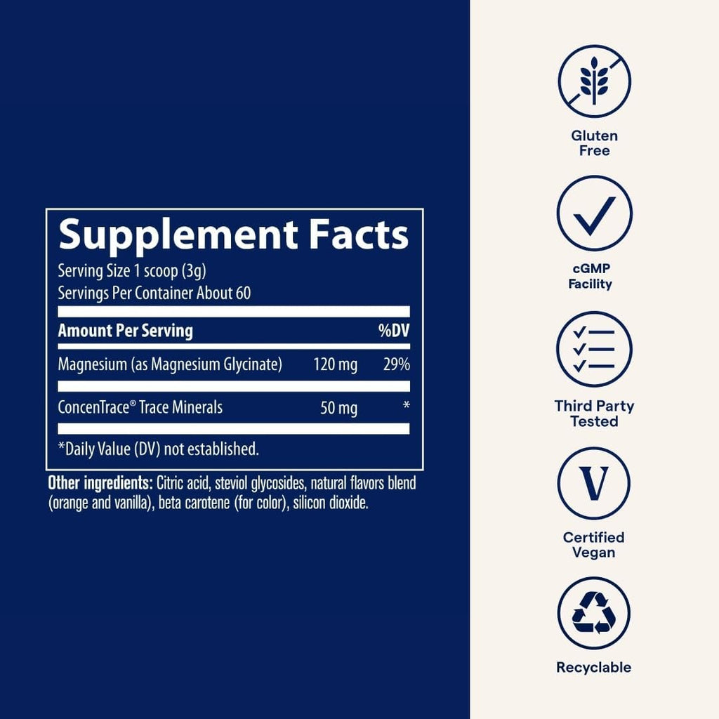 Trace Minerals Magnesium Glycinate Powder - Daily Magnesium Powder for Sleep Support - Calming Bedtime Drink - Natural & Gentle - Orange Dream - 180g (60 Servings)