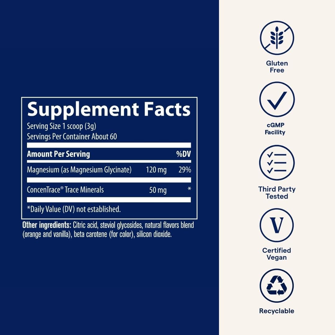 Trace Minerals Magnesium Glycinate Powder - Daily Magnesium Powder for Sleep Support - Calming Bedtime Drink - Natural & Gentle - Orange Dream - 180g (60 Servings)