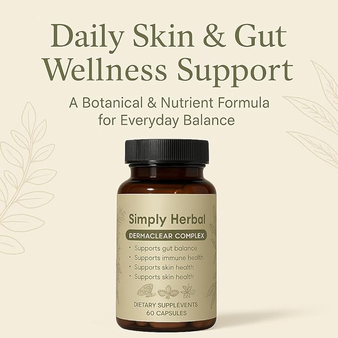 Simply Herbal– Daily Dietary Supplement for Skin & Immune Support, Natural Gut-Skin Balance Formula with Zinc, Vitamin C & Herbal Extracts – 60 Capsules