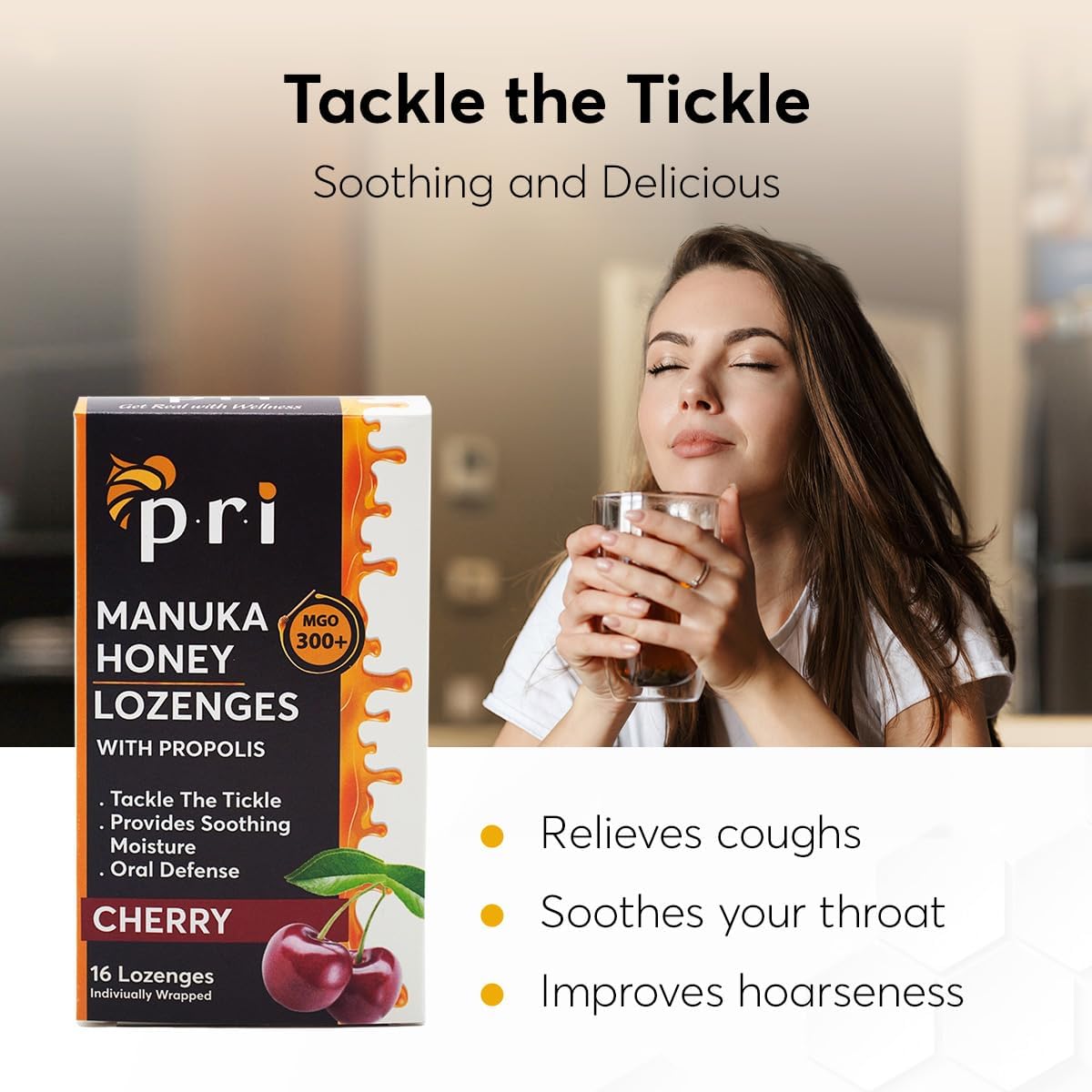 P.R.I Manuka Honey Lozenges with Propolis, Soothing Cough and Throat Drops, MGO 300+ Certified, (Cherry, 16 Count)