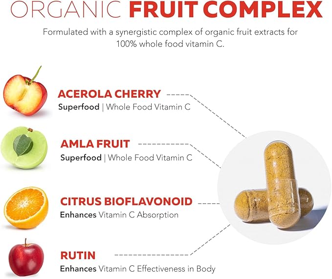 Organic Vitamin C | Whole Food Vitamin C from Fruit Plus Absorption Enhancing Cofactors - Vegan, Enhanced Bioavailability - Immune Support, Antioxidant, Total Health (90 Servings) - 3-Pack