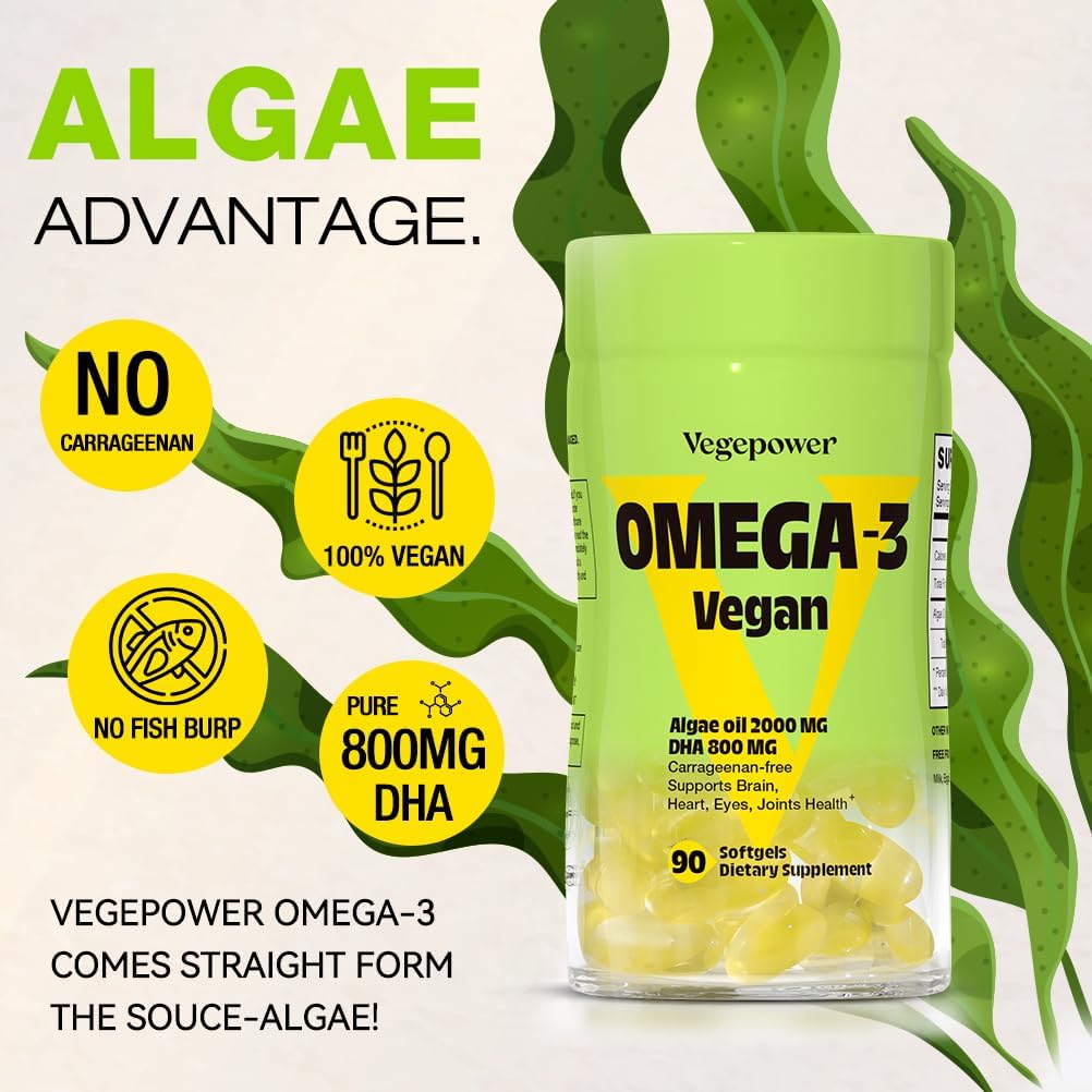 Vegan Omega-3 DHA Supplements - Premium Fish Oil Alternative from Algae Oil | 90 Carrageenan Free Softgels | Plant Based Algal DHA Essential Fatty Acids, Non-GMO (Algae, 90 Count (Pack of 1))
