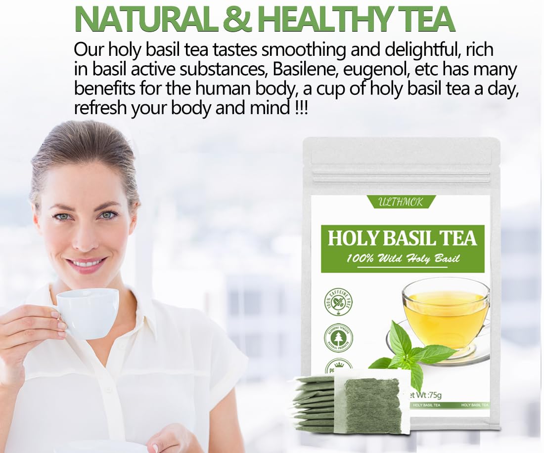 Premium 50 Holy Basil Tea Bags, Made with 100% Natural Tulsi Wild Holy Basil Leaves, No Additives & Caffeine Free.