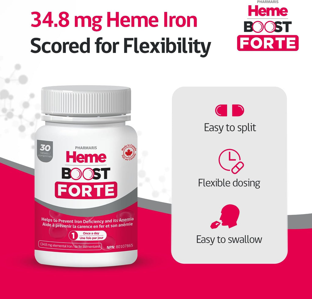 Hemeboost Forte 34.8 mg (696 mg Heme Iron) I 30 Tablets I High Potency Natural Iron Supplement I High Absorption & Gentle on Stomach I Iron Pills for Adults & Safe for Use in Pregnancy