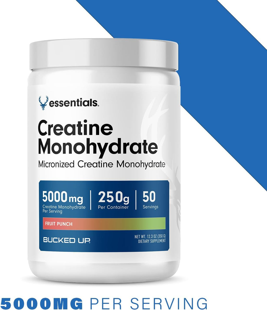 Bucked Up Fruit Punch Creatine for Women and Men - Easy to Mix Vegetarian - Flavored Creatine Monohydrate Powder - Made in USA - 5G Per Serving - 50 Servings - 250 Grams Per Container