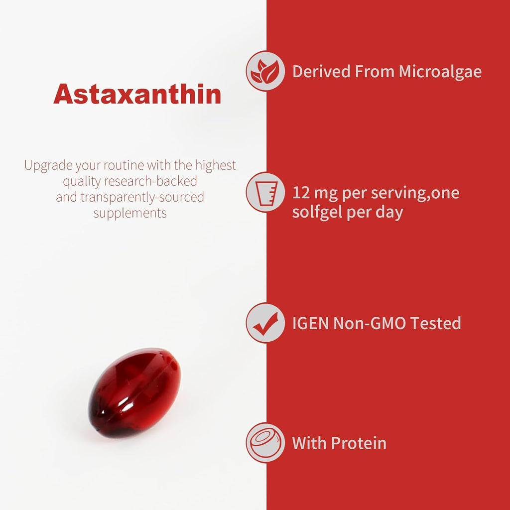 Premium Astaxanthin Supplements 12mg， Softgels 120 Servings, Supports Immune, Skin, Eye & Joint Health-Non-GMO, Gluten-Free, Microalgae Extract Supplement