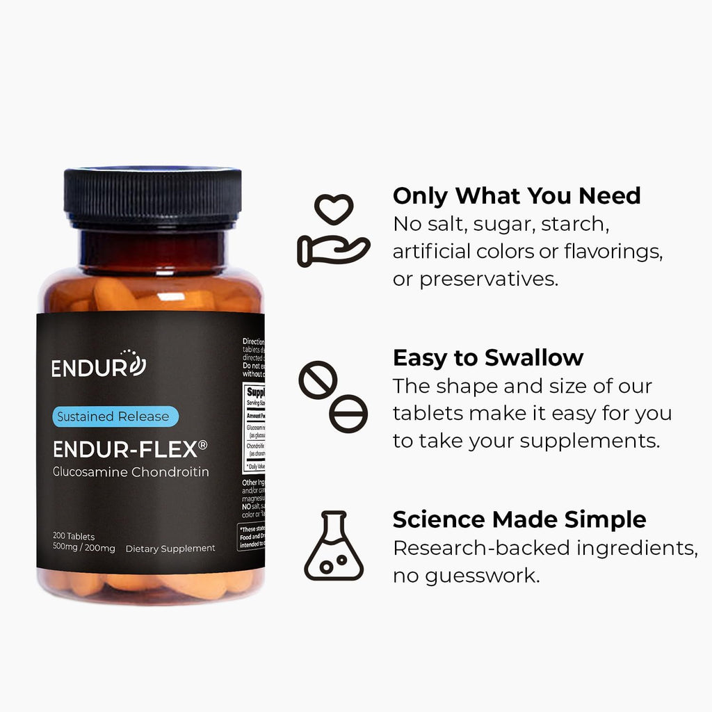 ENDUR-Flex Sustained Release - 500mg Glucosamine & 200mg Chondroitin - 200 Tablets - Antioxidant - Supplement for Back, Knees, Hands