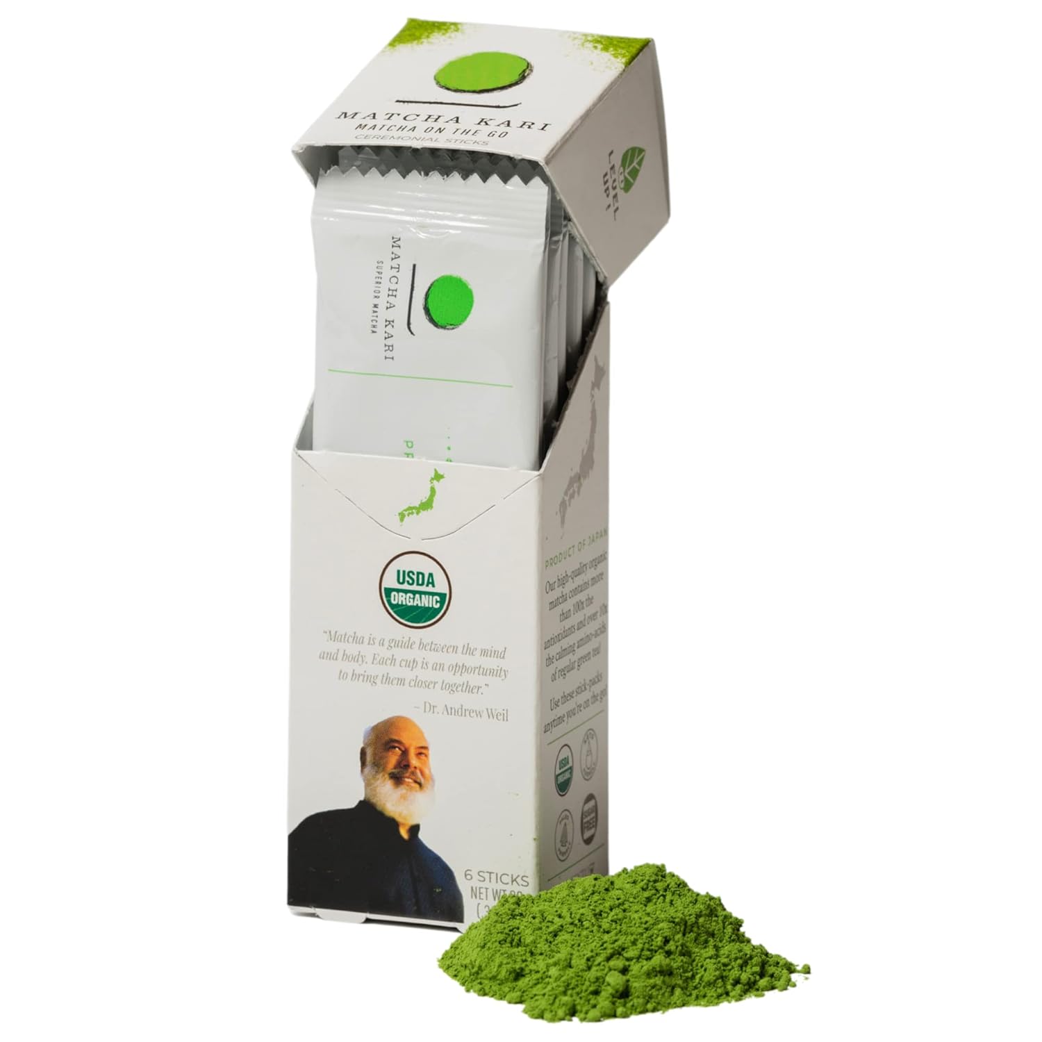 Matcha Green Tea Powder Single Serving Sticks, Dr. Weil's Ceremonial Organic Matcha Powder Singles Packets - Individual Tea Packets (6)