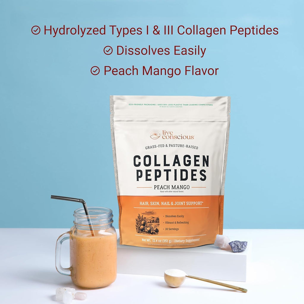 Live Conscious Collagen Peptides Powder - Peach Mango Flavored Collagen Powder - Hair, Skin, Nail, & Joint Support - Type I & III Grass-Fed Collagen Supplements for Women and Men (2-Pack)