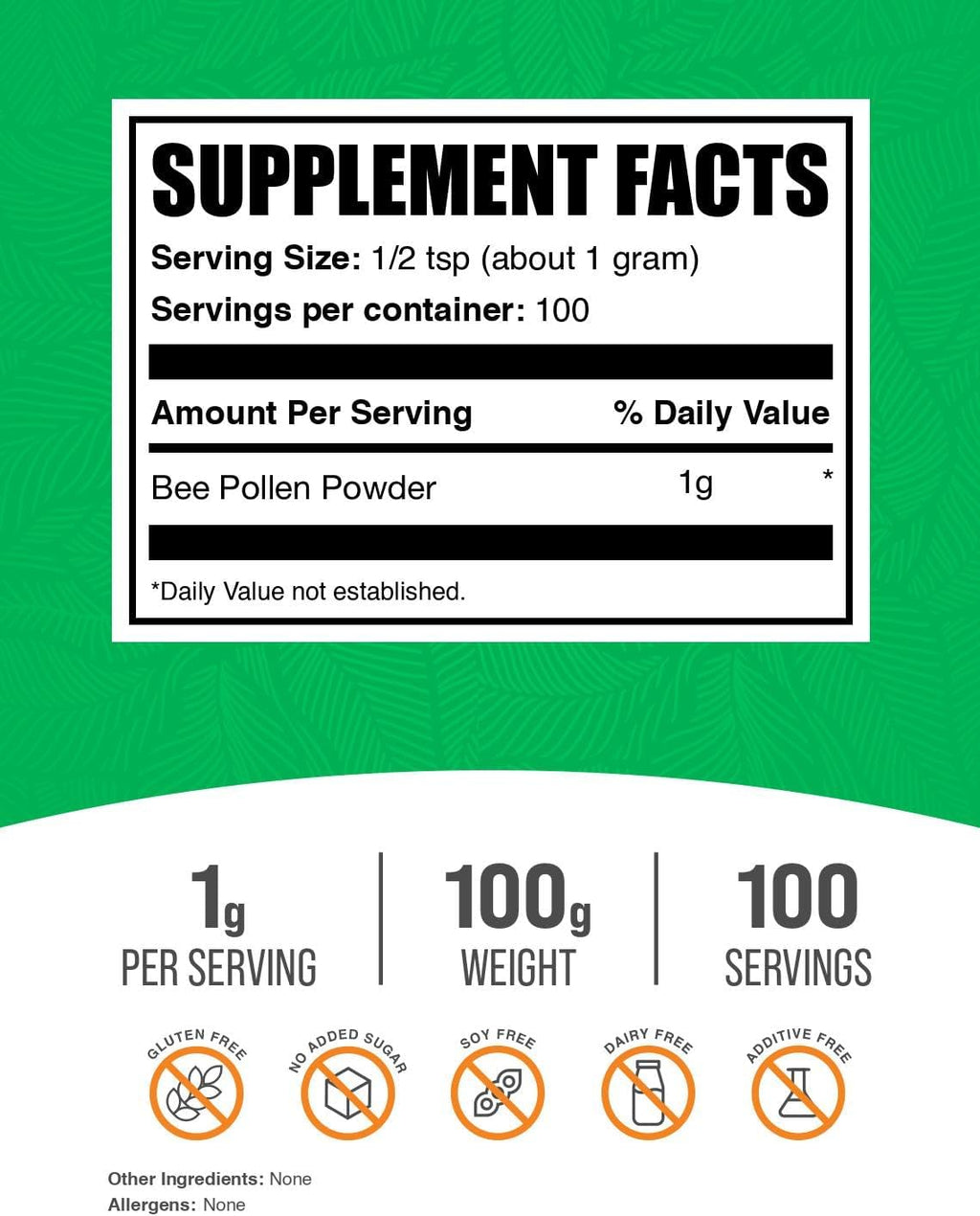 BulkSupplements.com Bee Pollen Powder - Superfood Supplement, Bee Pollen Supplement, for Immune Support - Gluten Free, 1g per Serving, 100g (3.5 oz) (Pack of 1)