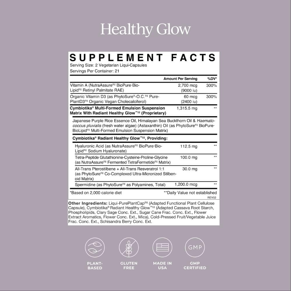 CYMBIOTIKA Healthy Glow Anti Aging Supplement, Skin Care & Collagen Production Support for Women and Men, Includes Hyaluronic Acid, Spermidine, Restorative Peptides & Growth Factors, 42 Capsules