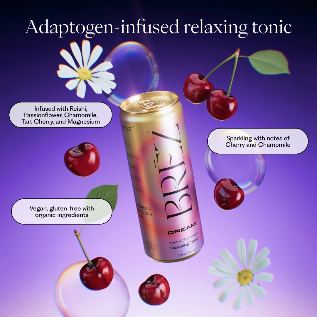 BRĒZ Dream Reishi Mushroom Drink, Non-Infused Relaxing Tonic with Reishi, Chamomile, Tart Cherry, Magnesium & L-Theanine, Vegan Adaptogen Drink for Sleep, Calm & Mood, 12 fl oz - 12 Pack