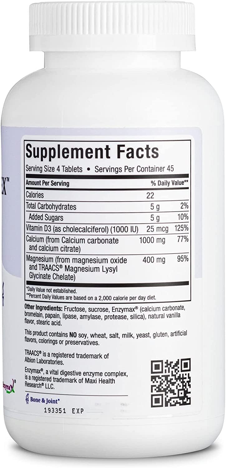 Maxi Health Chewable Calcium Complex – Vanilla Flavor Vitamin D3 and Magnesium Chewables to Help Support Bones – Kosher Magnesium and Calcium Supplement for Women and Men (180 Count, Pack of 2)
