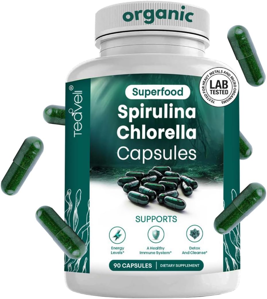 Organic Spirulina and Chlorella Capsules – Chlorophyll Pills & Blue Green Algae to Support Powerful Detox, Energy & A Healthy Immune System– 3X More Chlorella Spirulina Powder/Serving – 90 Ct