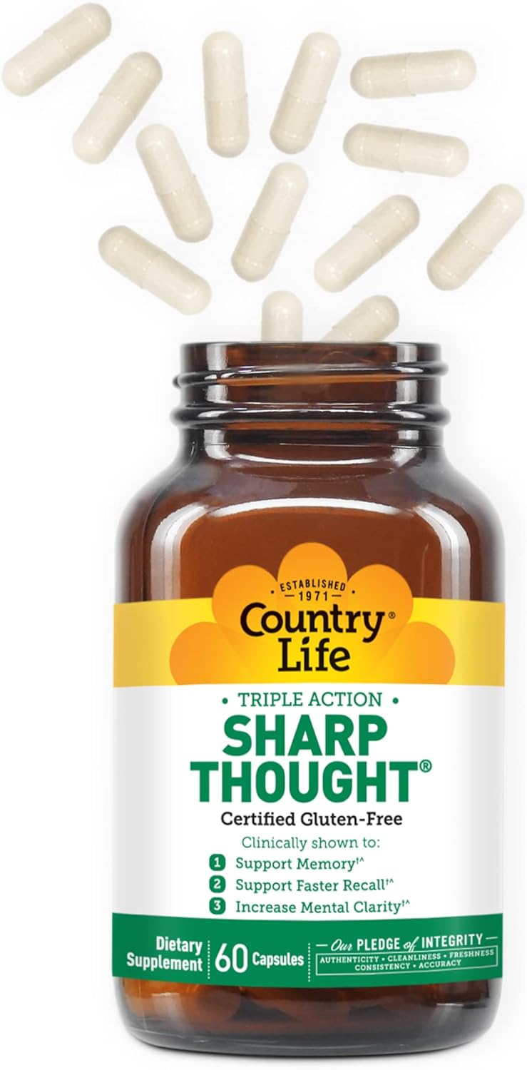 Country Life Sharp Thought - Memory & Cognitive Support Supplement – Sharp-PS Gold Phosphatidylserine + DHA – Promotes Mental Clarity & Faster Recall – Gluten-Free, 60 Capsules