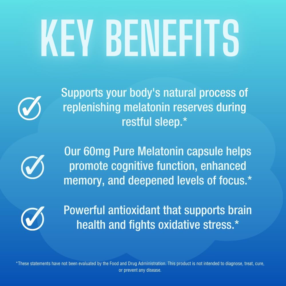 Pure Melatonin 60mg | 120 High-Dose Easy-to-Swallow Capsules | Natural Sleep Aid | Non-Habit Forming | Holistic Wellness