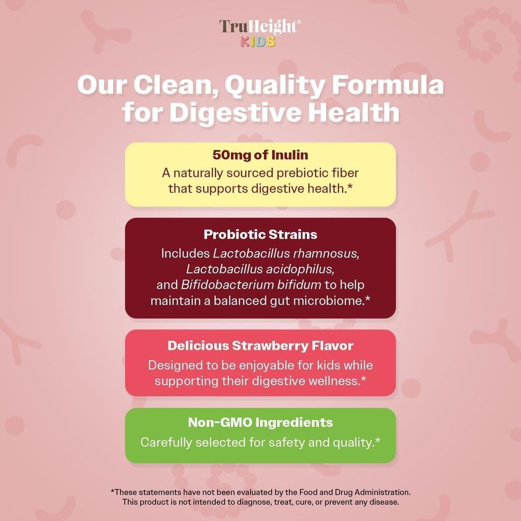 TruHeight Kids Prebiotic & Probiotic Gummies Ages 2+ (Strawberry Flavor) Toddlers & Kids All Natural Gut Health, Digestive Enzymes, Stomache Ache, Constipation Relief Supplement - Pediatric Vitamins