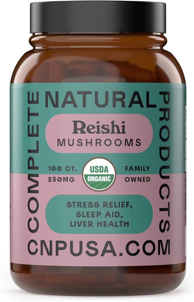 Complete Natural Products Organic Reishi Mushroom Capsules, 250mg, 100ct | Fruiting Body Extract | Plant-Based | Adaptogenic Support | Made in USA | Organic & Kosher Capsules