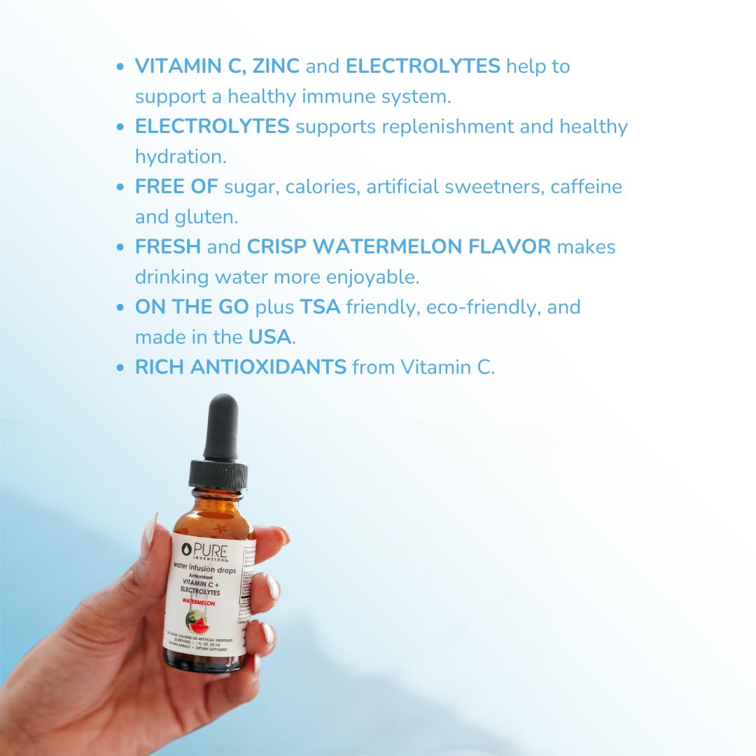 Pure Inventions - Watermelon Water Infusion Drops - Antioxidants, Vitamin C & Electrolytes - Health & Wellness Drink - Immunity Support -Sugar Free, Zero Calorie, No Artificial Sweeteners -30 Servings