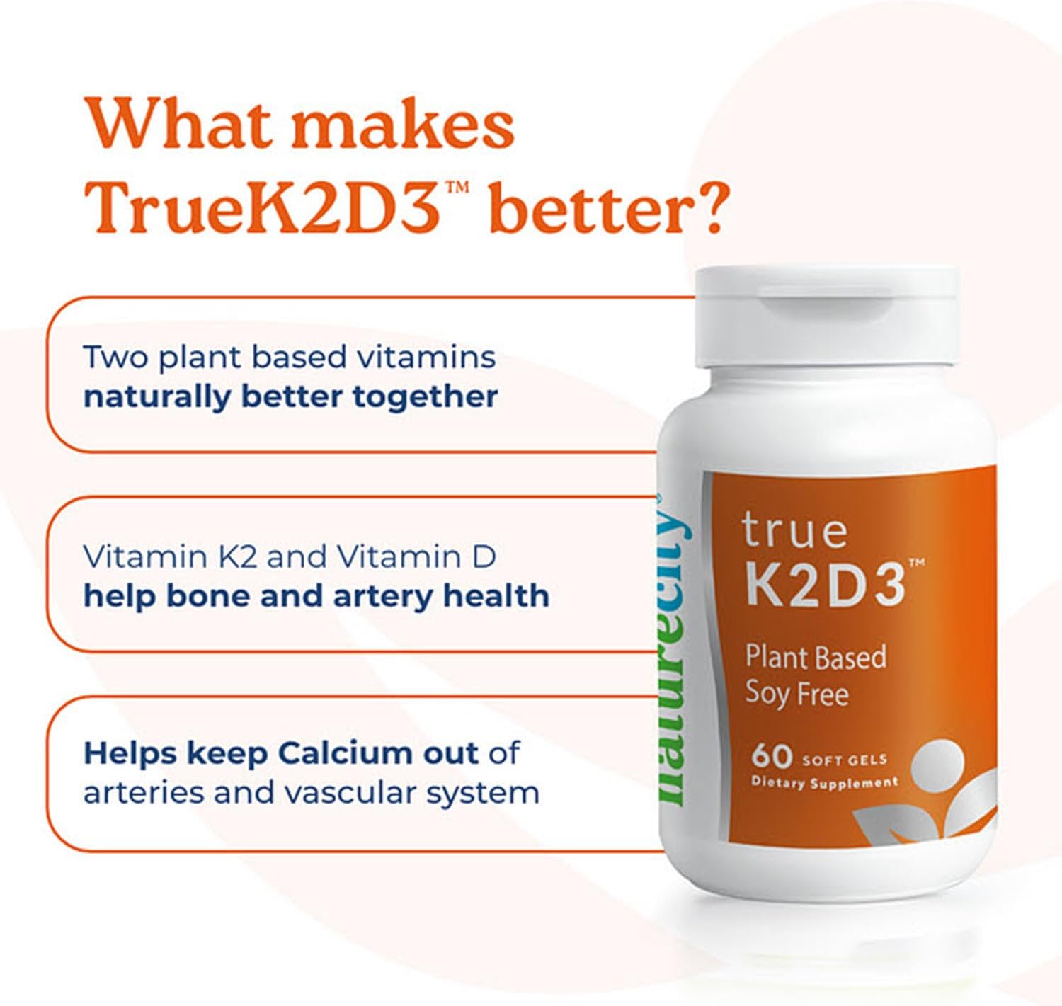 NatureCity TrueK2D3 Plant Based Vitamin K2 MK7 (90 mcg) & D3 from Algae(2,500 IU) 2 in 1 Vitamin D3 K2 Supplement for Bone, Heart and Immune Health – 60 Veggie Capsules