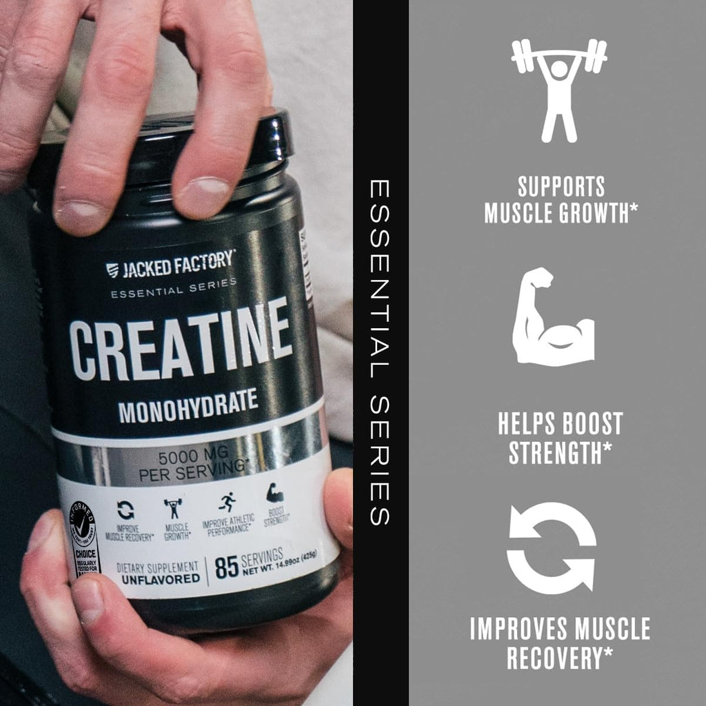 Jacked Factory Creatine Monohydrate Powder 425g - 5g Daily Creatine Supplement for Men and Women, Vegan-Friendly, Third-Party Tested - 85 Servings, Unflavored