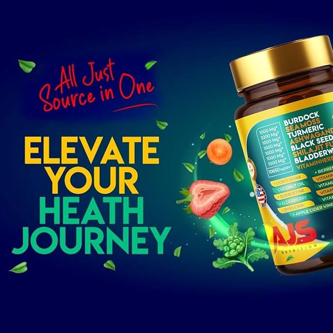 AJS Sea Moss Capsules 3200mg, Himalayan Shilajit 1000mg with Black Seed Oil, Ashwagandha, Turmeric, Bladderwrack, Burdock, Vitamins, Berberine, Lion’s Mane Mushroom, Elderberry- 90 Caps, 2 Pack