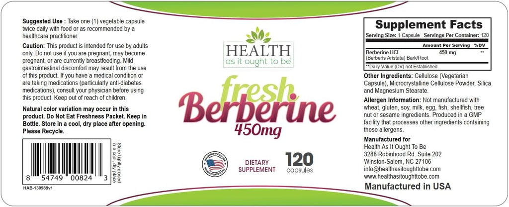 Health As It Ought To Be Fresh Berberine 450mg Supplement | Contains Only Berberine | No Preservatives | 120 Capsules